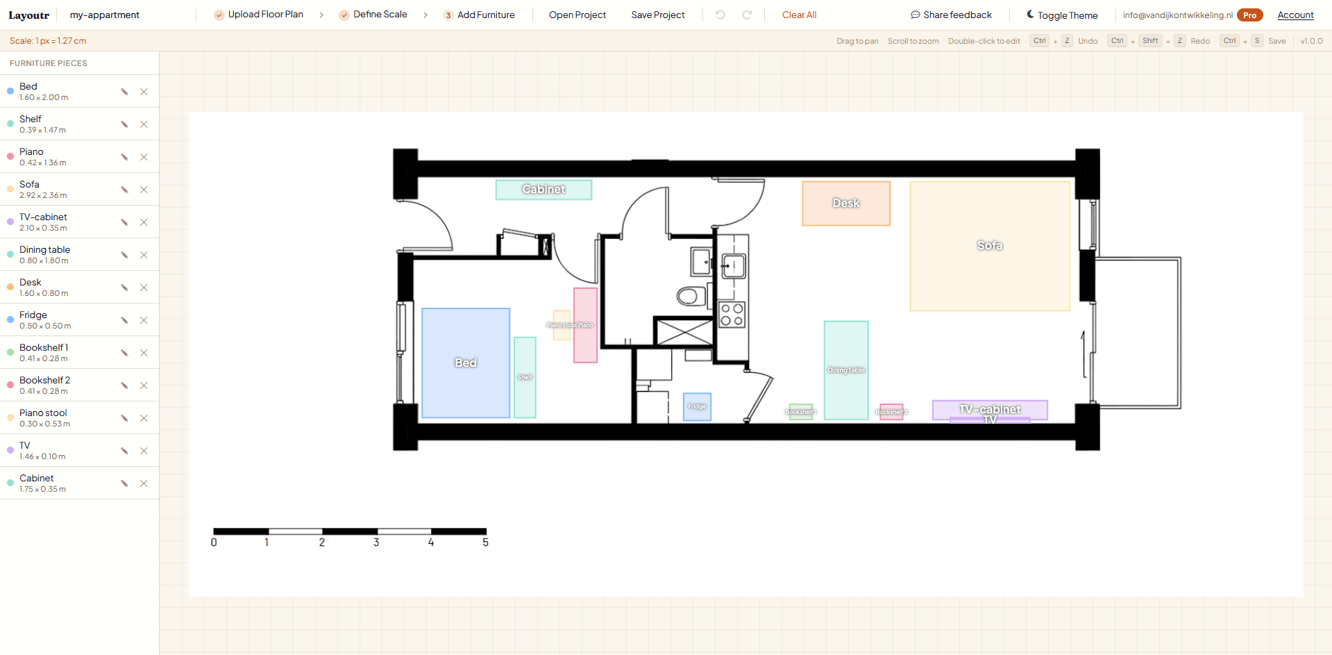Layoutr floor plan tool showing an apartment with furniture placed at true scale