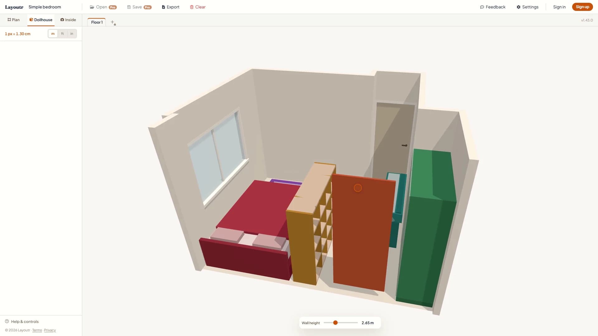 Dollhouse mode: the furnished bedroom in 3D from above, with the bed under the window, a cube shelf, the wardrobe by the door, and the Wall height slider along the bottom.