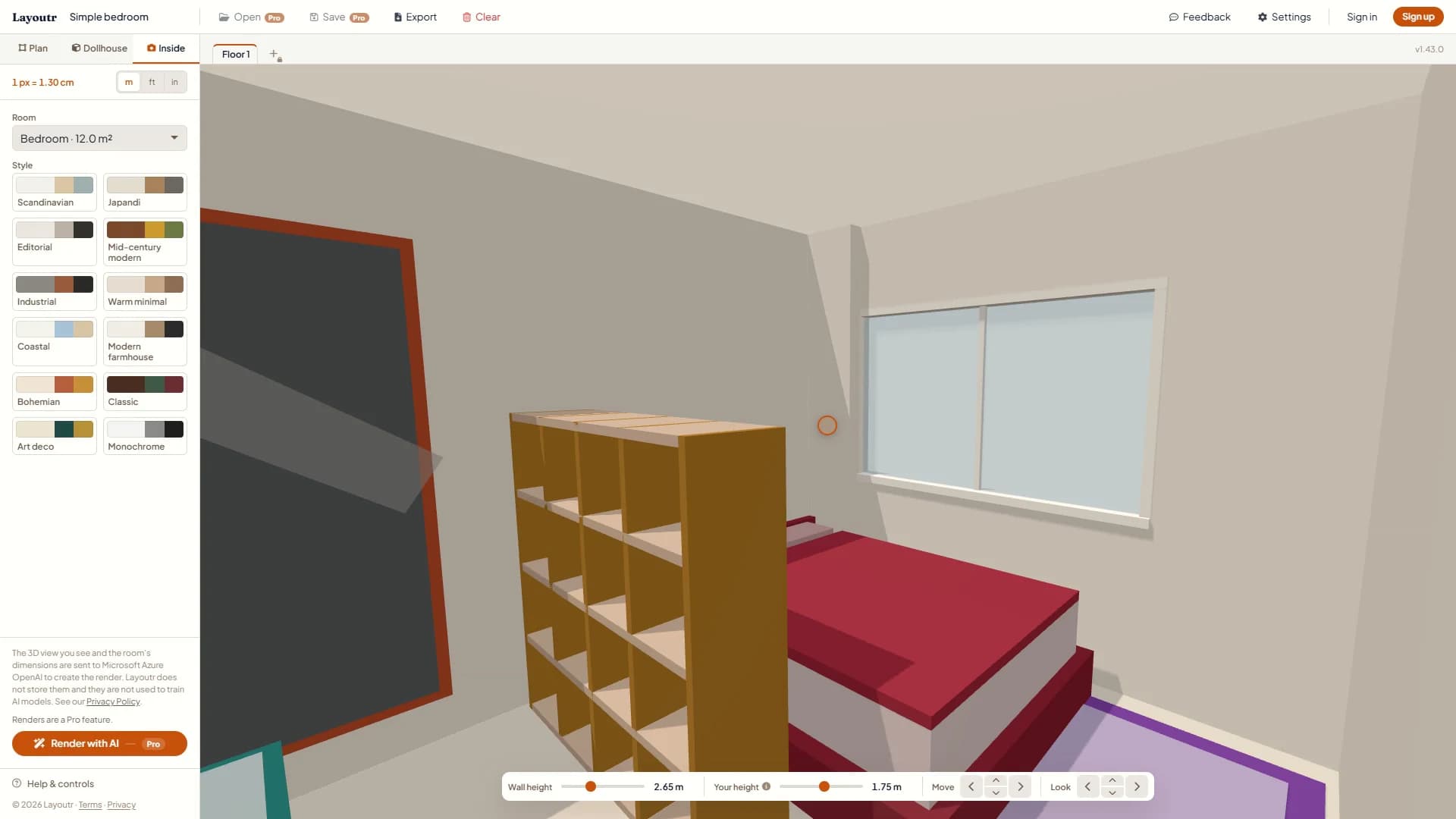 Inside mode at eye level: a cube shelf and the bed under the window, with the Room list and styles in the sidebar and the Wall height, Your height, Move and Look controls along the bottom.