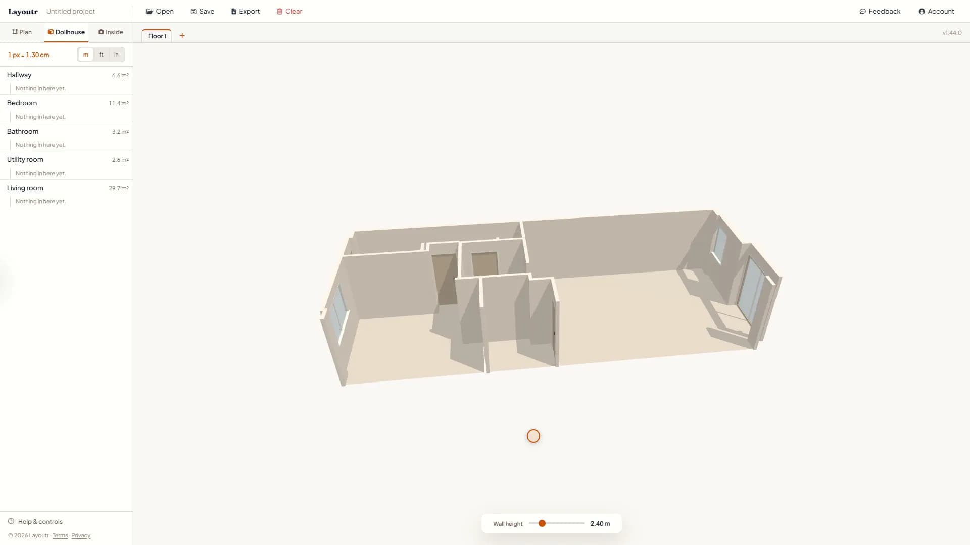 Dollhouse mode: the whole apartment in 3D from above, built from the five rooms the AI found, with its doors and windows and the Wall height slider below.