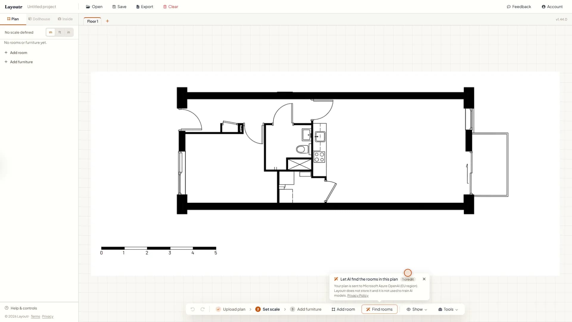 The note "Let AI find the rooms in this plan" at 1 credit, above the Find rooms button, with what gets sent to Microsoft Azure OpenAI under it, over an uploaded apartment plan with a 0 to 5 meter scale bar.