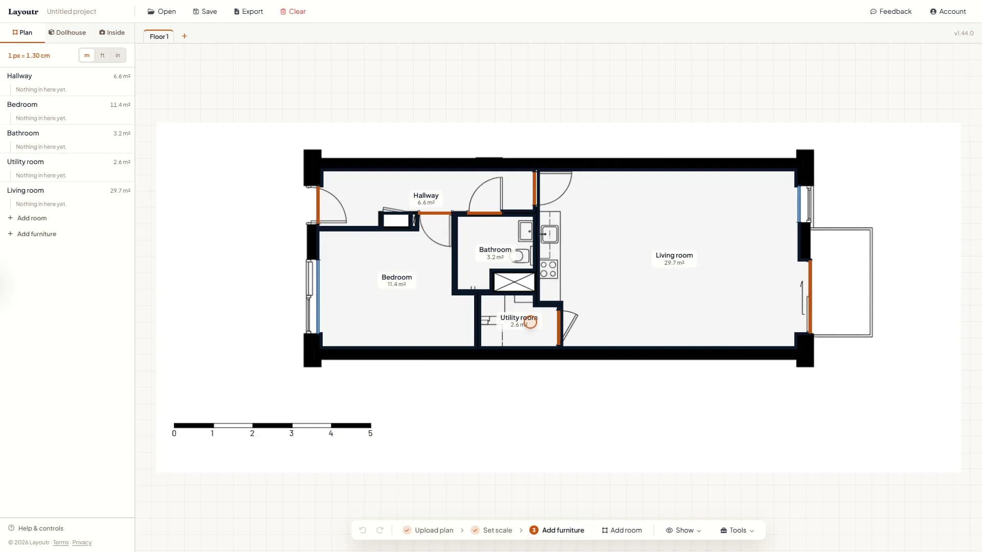 The five kept rooms with their names and areas after setting the scale on the plan's 5 meter scale bar: the hallway at 6.6 m², the bedroom at 11.4 m², the bathroom at 3.2 m², the utility room at 2.6 m² and the living room at 29.7 m².