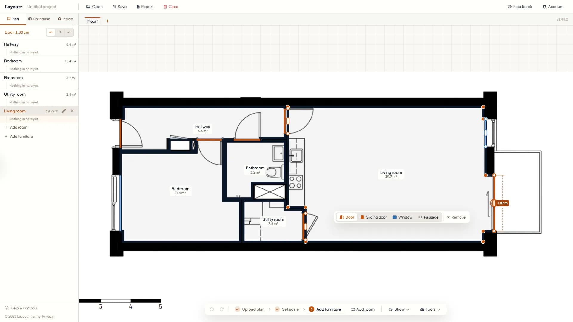 The living room selected and its 1.87 m balcony door clicked, with the Door, Sliding door, Window, Passage and Remove bar next to it.