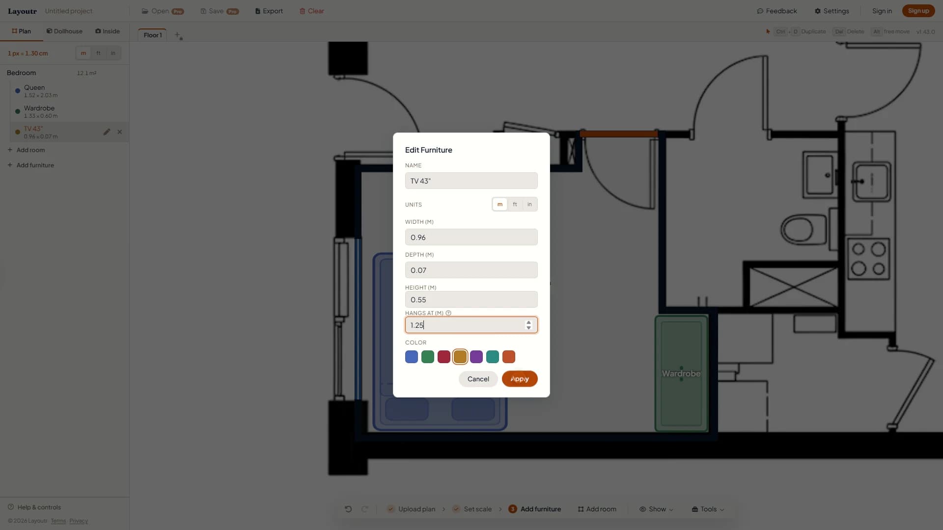 The Edit Furniture box for the 43 inch TV, 0.96 m wide, with Hangs at set to 1.25 meters.