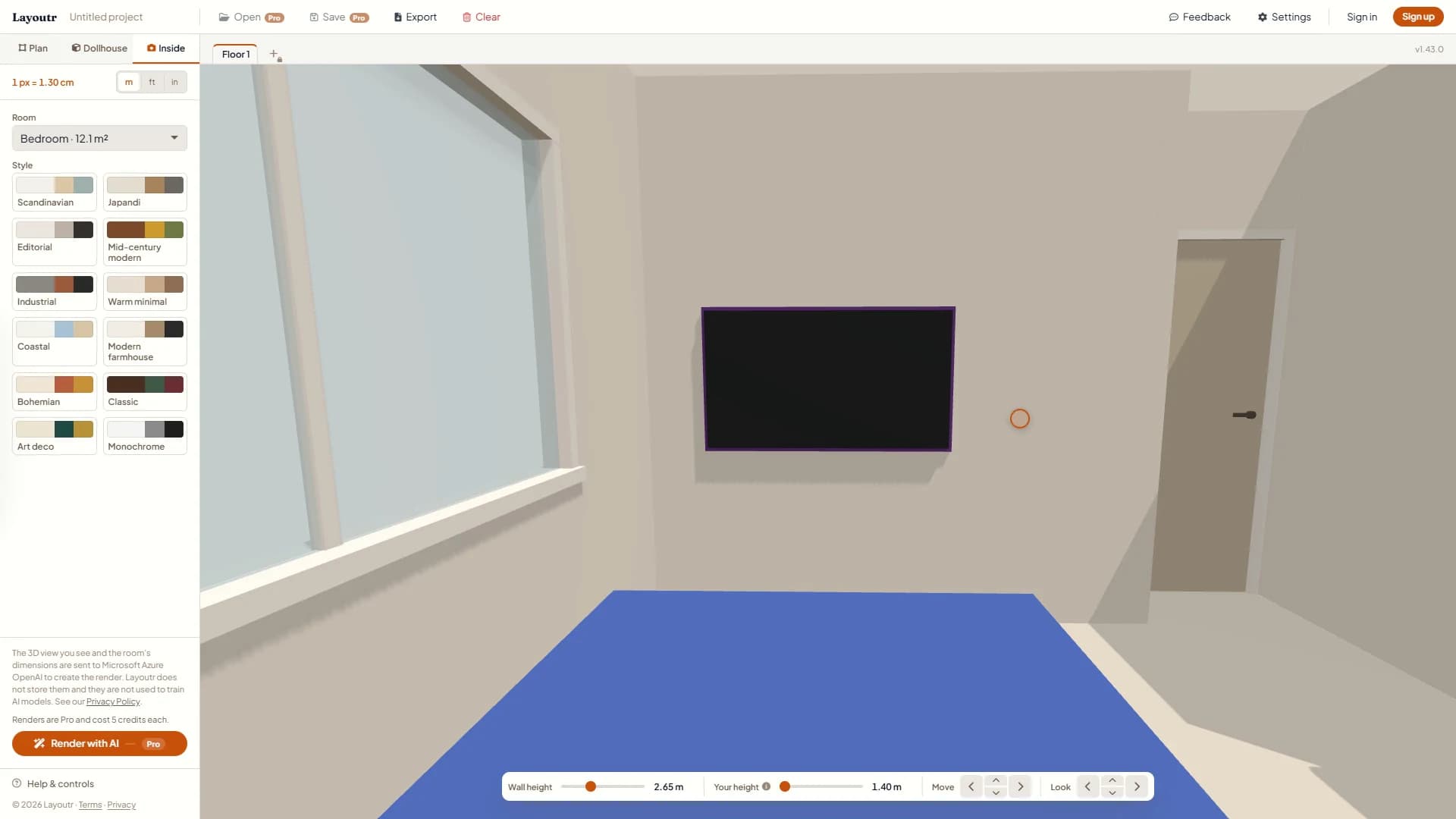 The same Inside view with a 55 inch TV in place of the 43, noticeably larger on the same wall.