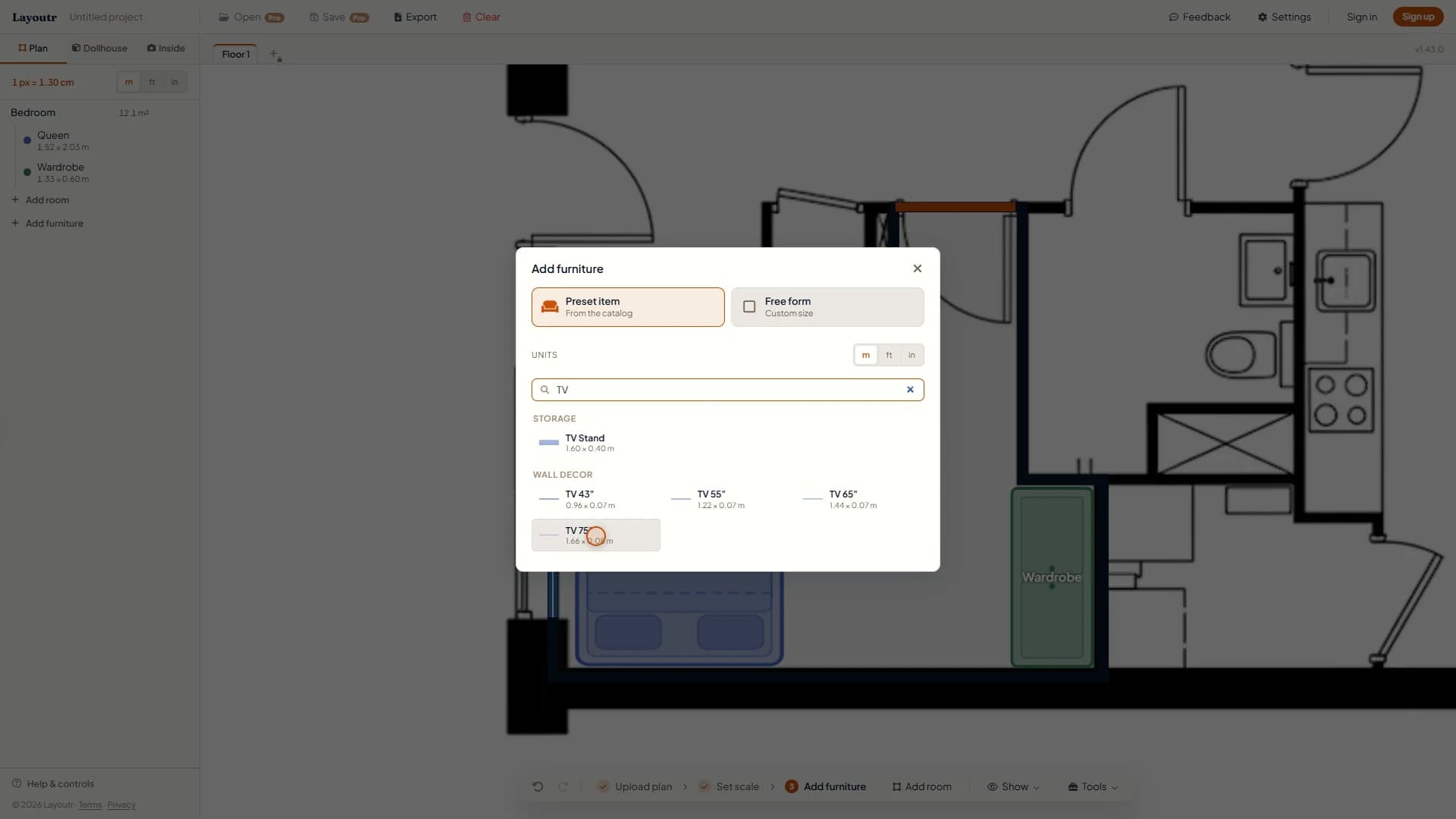The Add furniture catalog filtered on TV, showing a TV Stand under Storage and TVs of 43, 55, 65 and 75 inches under Wall decor.