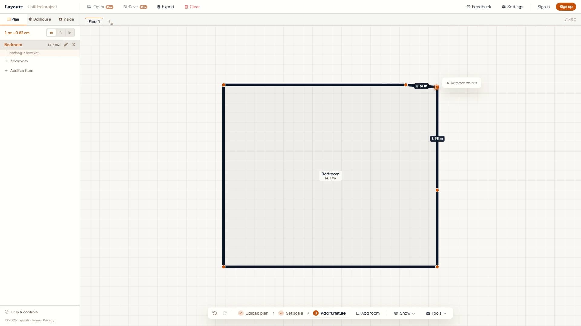 The drawn bedroom's right-hand corner dragged in, with the new walls labeled 0.61 m and 1.98 m and a Remove corner button.