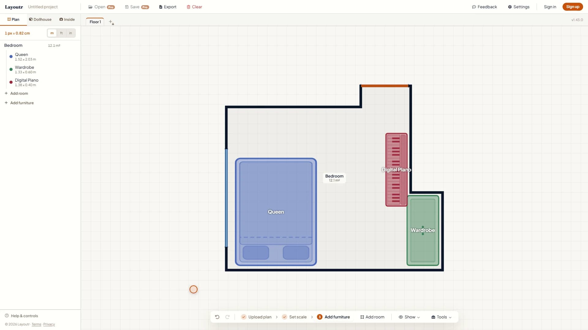 The drawn bedroom with its window on the left wall and its door in the nook, a queen bed on the left, a digital piano on the right-hand wall and a wardrobe in the corner.