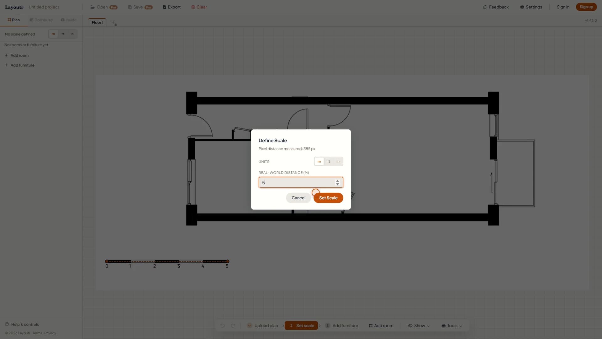 The "Define Scale" box after clicking both ends of the 5 meter scale bar: 385 px measured, with 5 typed as the real-world distance.