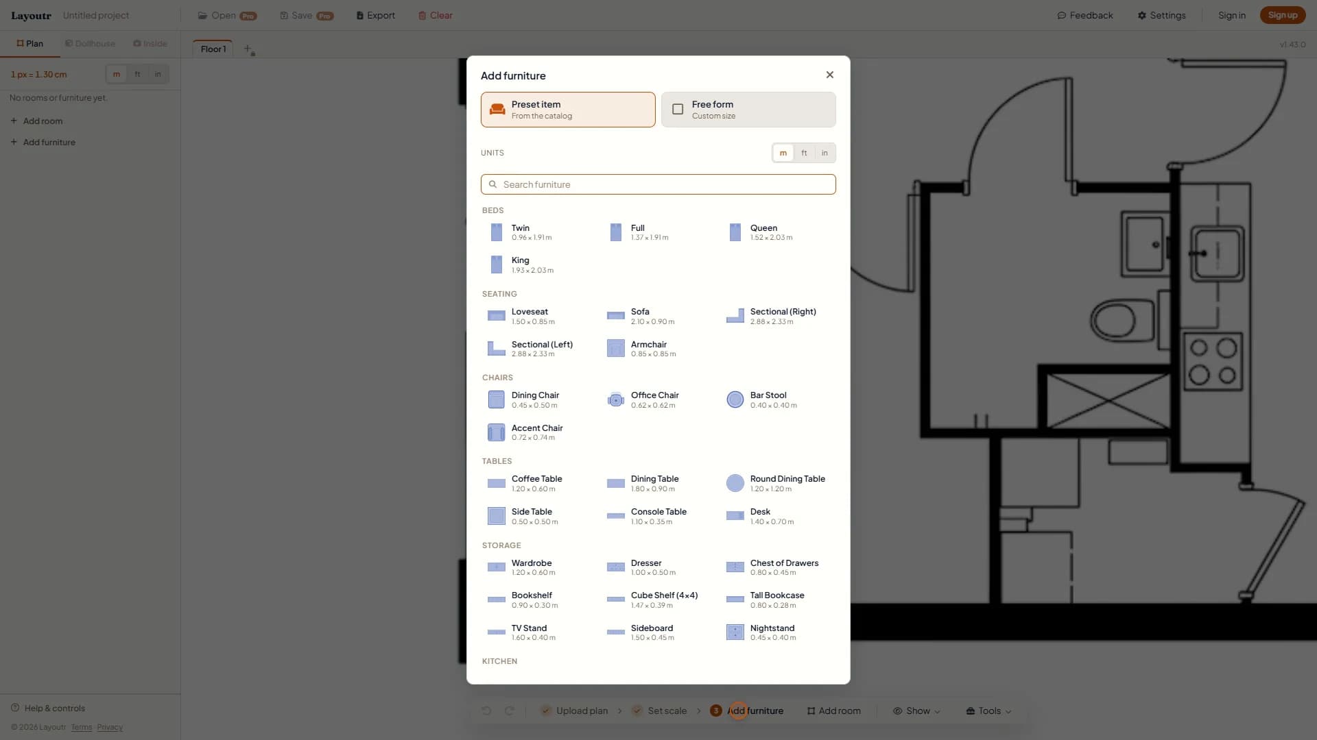 The "Add furniture" catalog with Preset item and Free form tabs, a search box, and beds, seating and tables listed with their sizes.