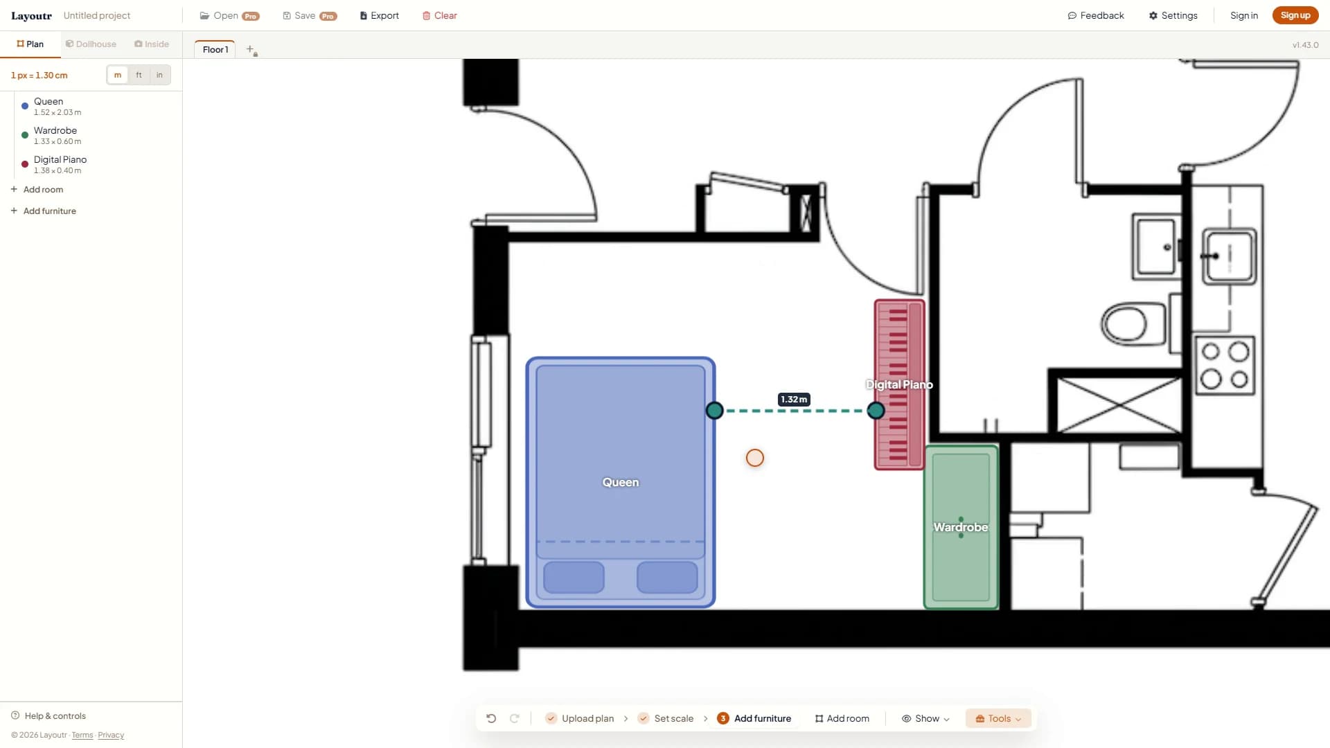 The Measure distance tool showing 1.32 m between the queen bed and the keys of the digital piano, with the wardrobe next to the piano.