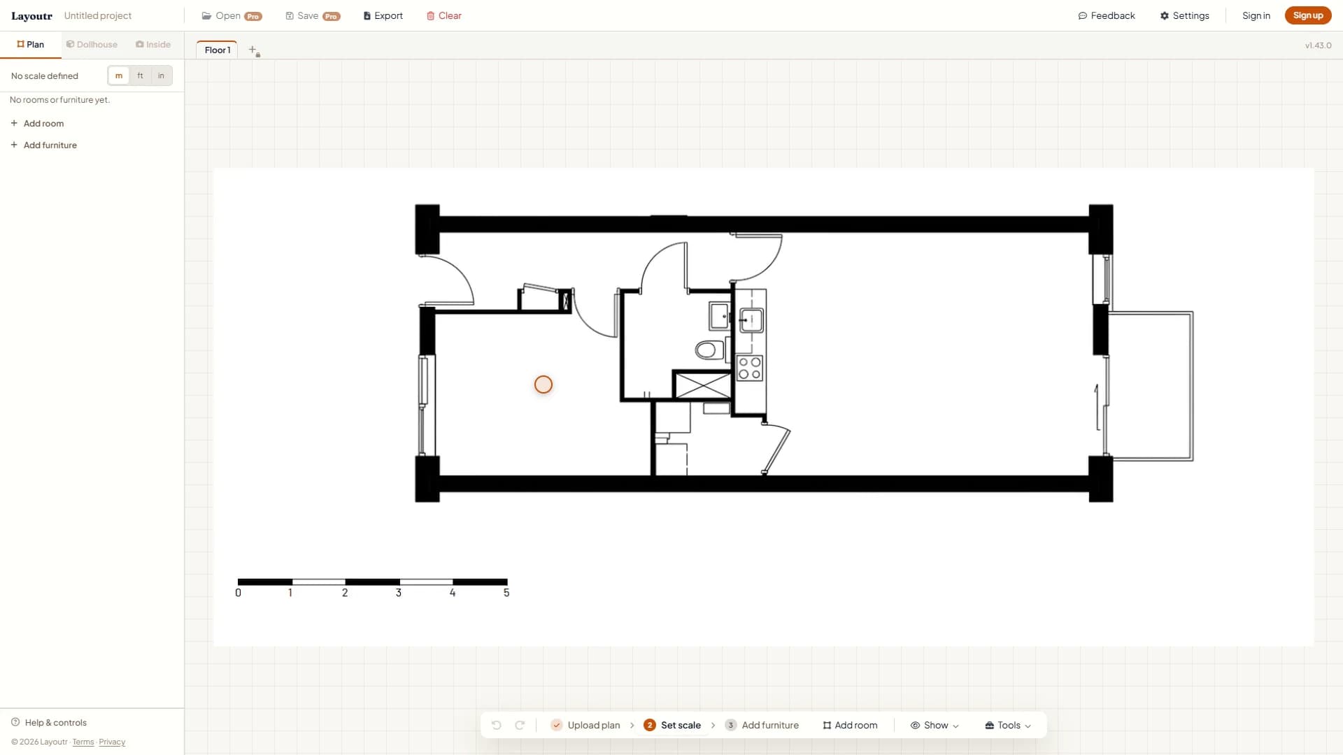 A studio floor plan uploaded to the Layoutr canvas, with its 0 to 5 meter scale bar below it and Set scale next in the toolbar.