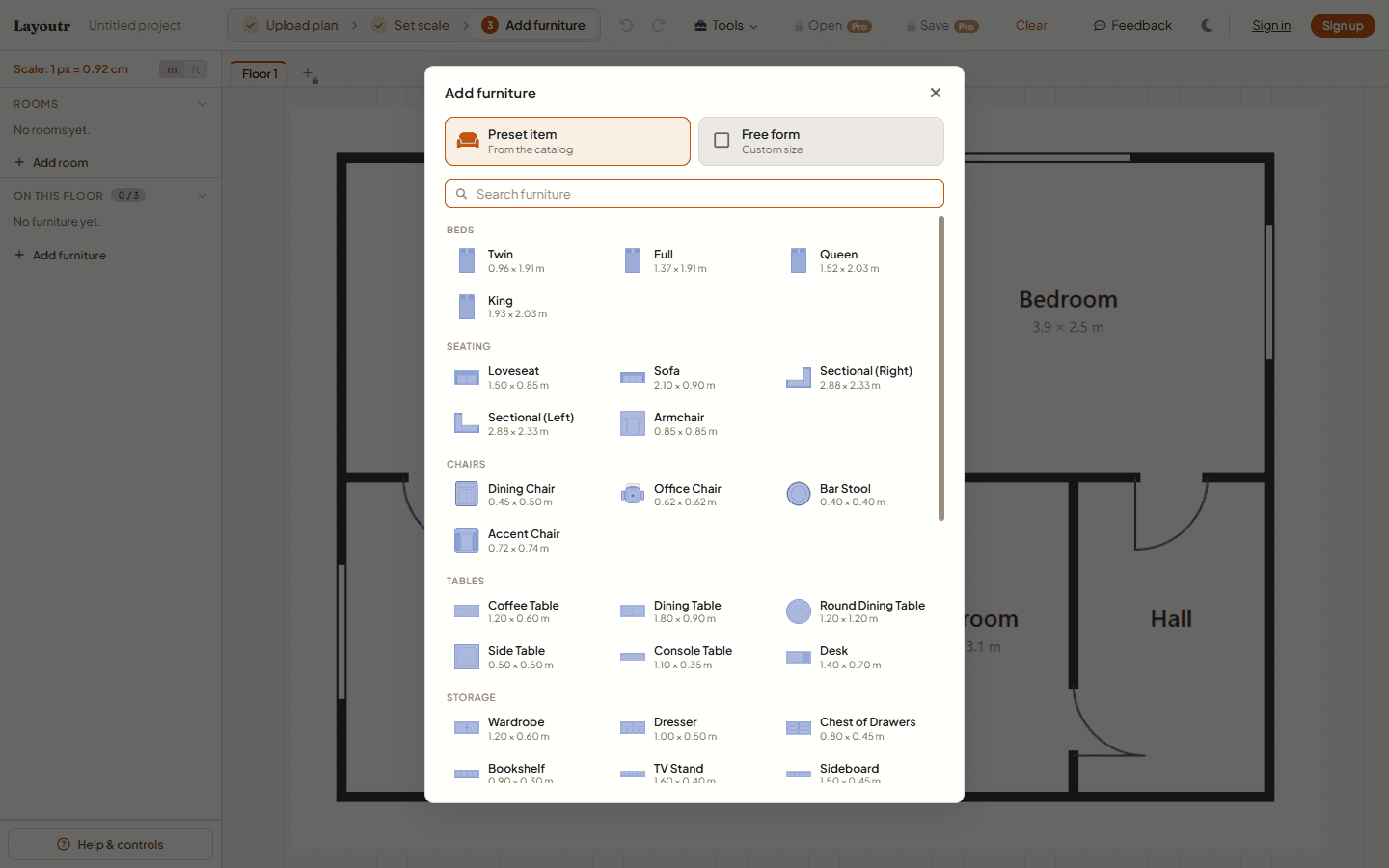 The "Add furniture" catalog, with a Preset item tab, a search box, and categories of pre-measured pieces.