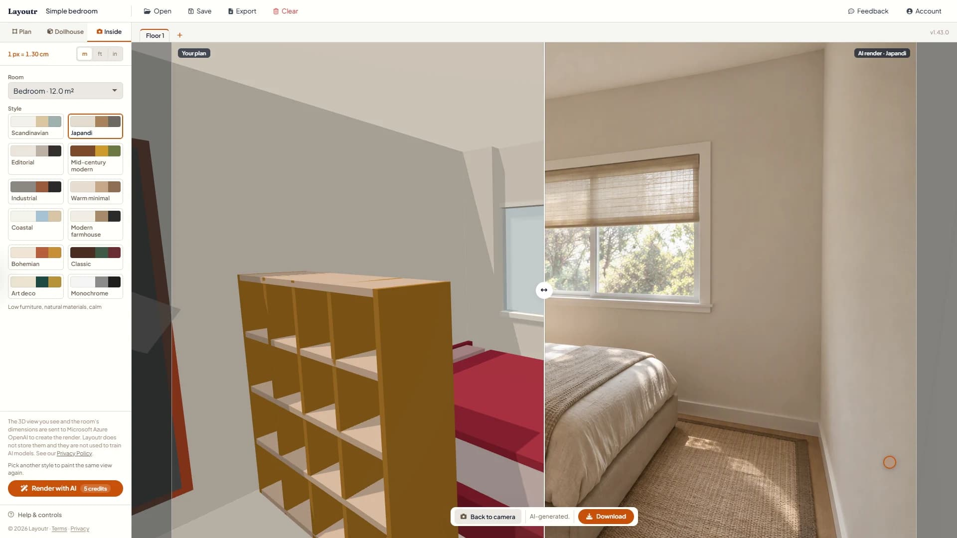 The Japandi render next to the 3D view it was made from, split by a line you drag: the same cube shelf, bed and window, with Back to camera and Download below.