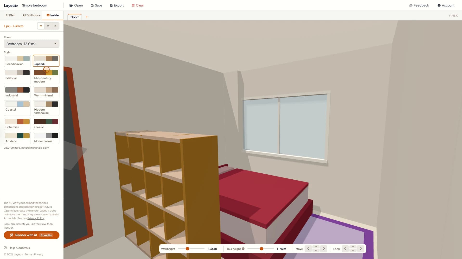 Inside mode with the render panel in the sidebar: the Bedroom picked under Room, the Japandi tile selected among the twelve styles, and the Render with AI button at 5 credits.