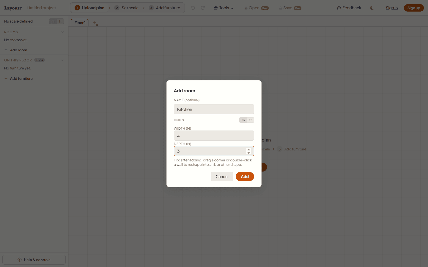 The "Add room" box with a name, width, and depth, on an empty canvas.