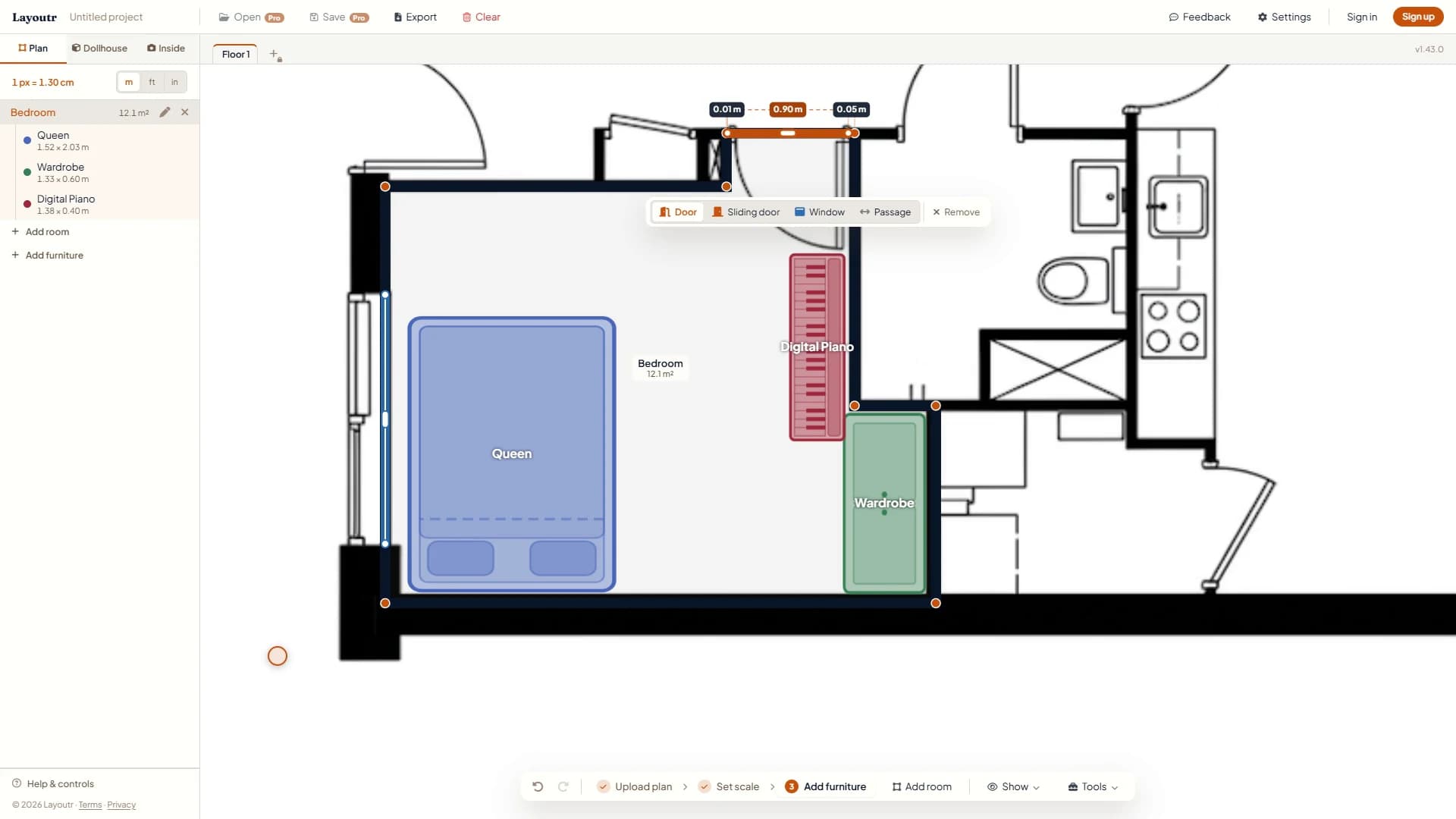 A 0.90 m door slid into the nook at the top of the bedroom, with its distance to each corner labeled.