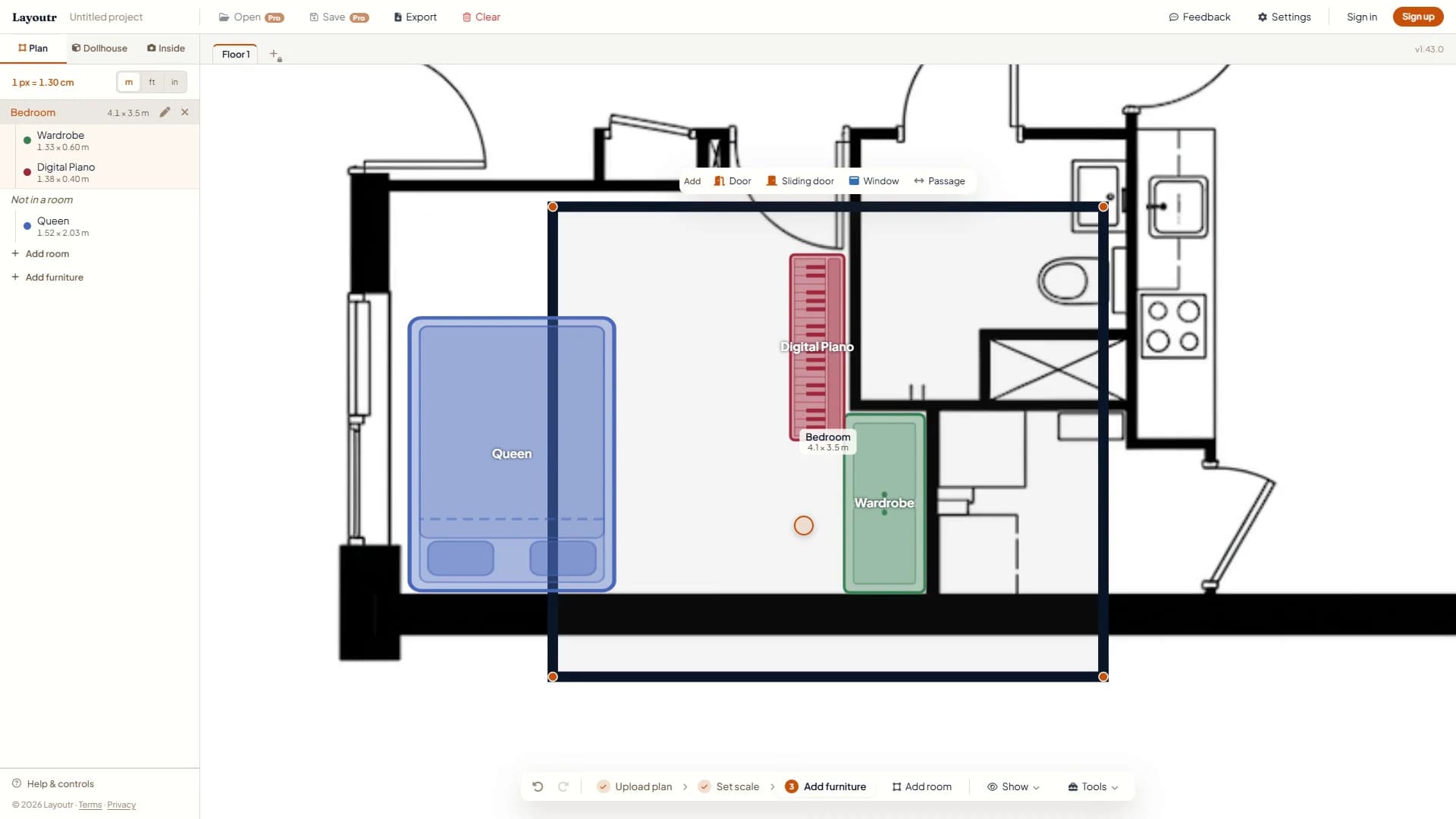 A new Bedroom outline dropped over the plan, not yet lined up with its walls, with the Door, Sliding door, Window and Passage bar above it.