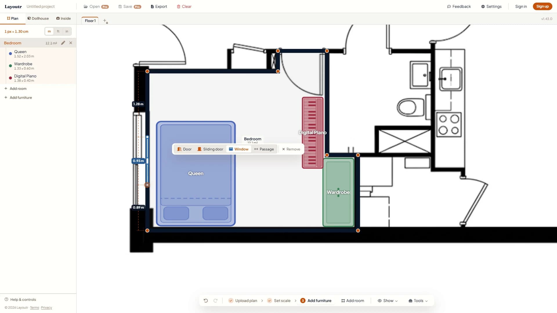 A window on the bedroom's left wall, 0.93 m wide, 1.28 m and 0.89 m from the corners, with the openings bar next to it.