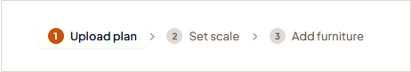 The toolbar stepper with step 1 "Upload plan" highlighted, followed by Set scale and Add furniture.
