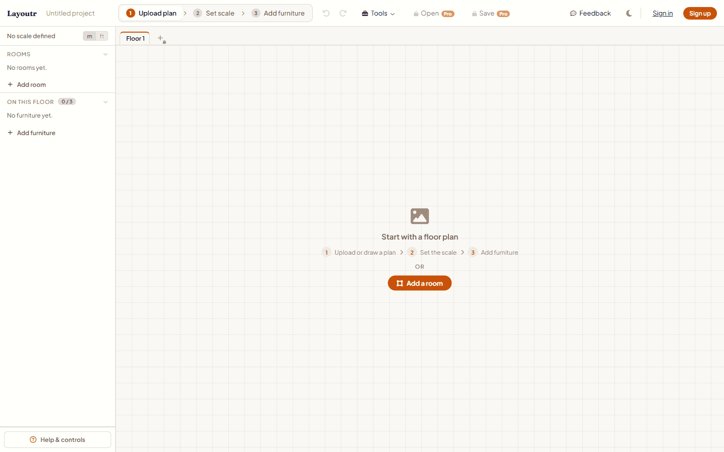 The Layoutr planner on an empty canvas, with the Upload plan, Set scale, and Add furniture steps across the top toolbar.