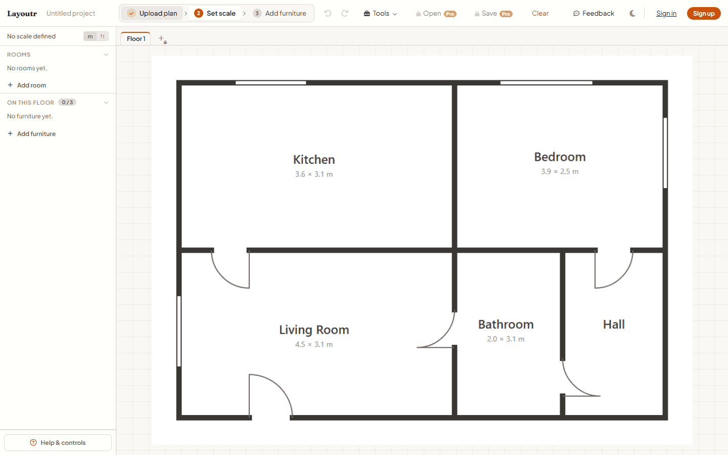 An uploaded floor plan centered on the Layoutr canvas, its rooms labeled Kitchen, Bedroom, Living Room, Bathroom, and Hall.