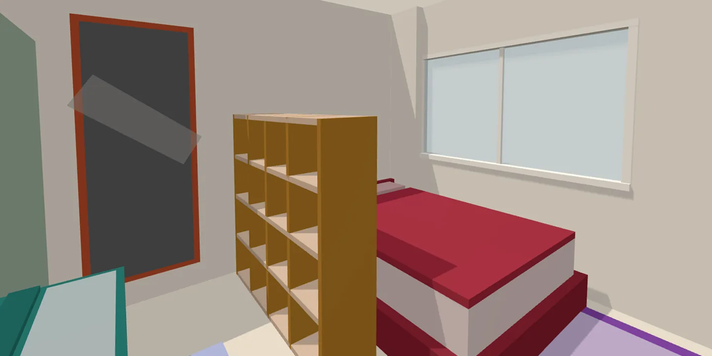 Inside mode: a bedroom seen in 3D at eye level, with a queen bed, a cube shelving unit, a full-height mirror, a wardrobe and a digital piano, all flat-shaded and untextured.