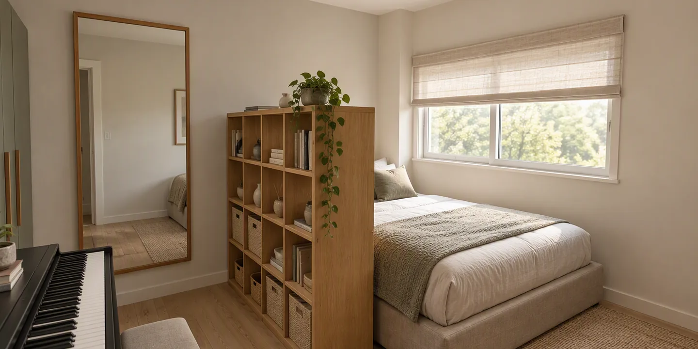 The same bedroom as a photorealistic render in a Japandi style: pale oak floor, a light oak cube shelf holding books, woven baskets and a trailing plant, an oak-framed mirror, a black digital piano, linen bedding under a sage throw, a jute rug, and a linen blind over a window onto trees.